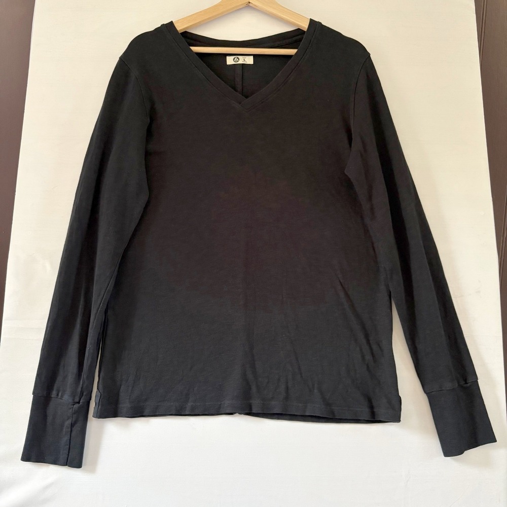 American Giant Womens Black‎ V-Neck Long Sleeve Slub Cotton Tee Shirt Size L USA